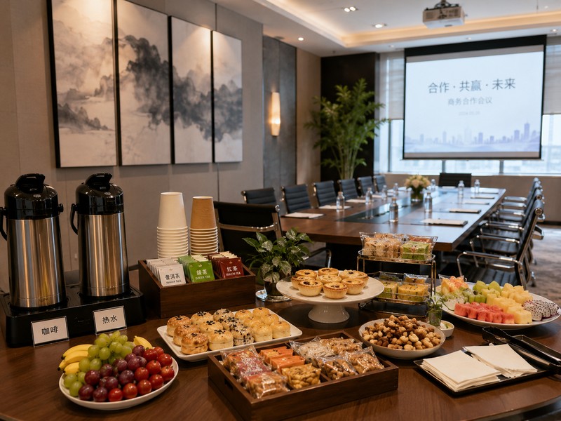 精致中式茶歇摆盘，包含水果、茶点和热茶（Elegant Chinese tea break spread）