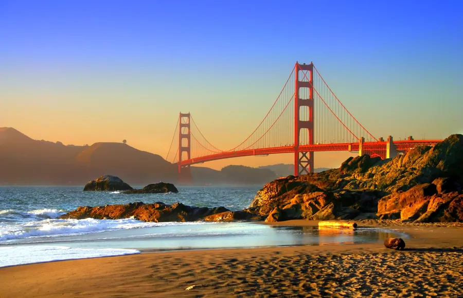 旧金山贝克海滩金门大桥日落（Baker Beach Golden Gate Bridge sunset San Francisco）